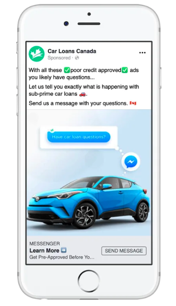 Messenger-marketing-example-car-loans-canada WhatsApp marketing WhatsApp Octane AI Morph AI MobileMonkey Messenger marketing ManyChat Facebook Messenger Facebook Chatfuel Chatbot  